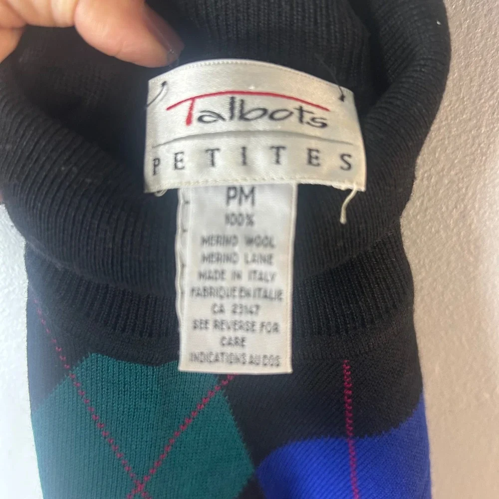 Talbots Petites PM Black‎ Argyle Turtleneck Sweater Merino Wool Made in Italy